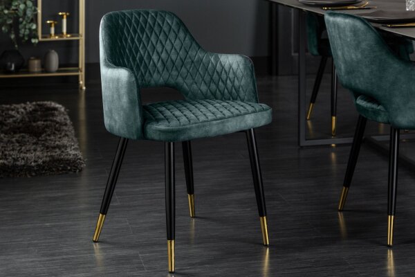 Chaise de salle à manger velours métal pétrole noir or avec accoudoirs