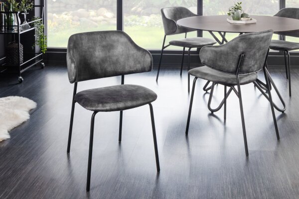 Chaise de salle à manger velours pieds métal gris noir design rétro