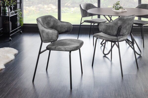 Chaise de salle à manger velours pieds métal gris noir design rétro