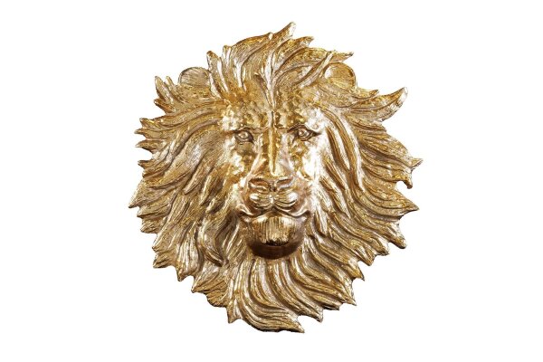 Décoration murale tête de lion H : 34 cm Travail manuel en métal doré