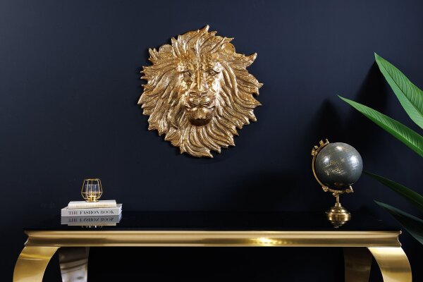 Décoration murale tête de lion H : 34 cm Travail manuel en métal doré