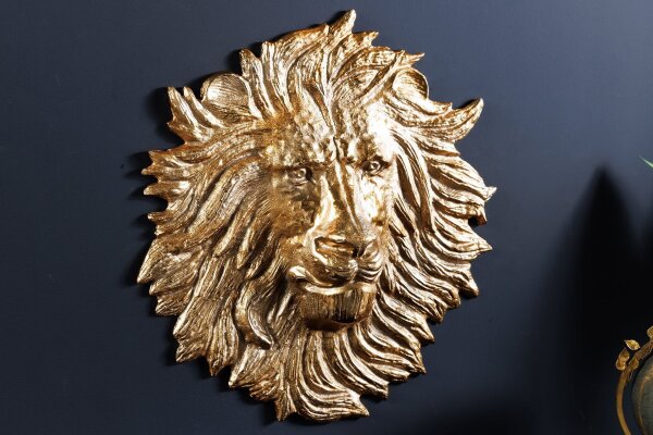 Décoration murale tête de lion H : 34 cm Travail manuel en métal doré