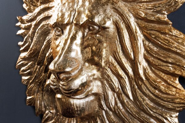 Décoration murale tête de lion H : 34 cm Travail manuel en métal doré