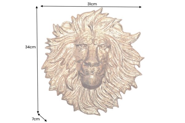 Décoration murale tête de lion H : 34 cm Travail manuel en métal doré