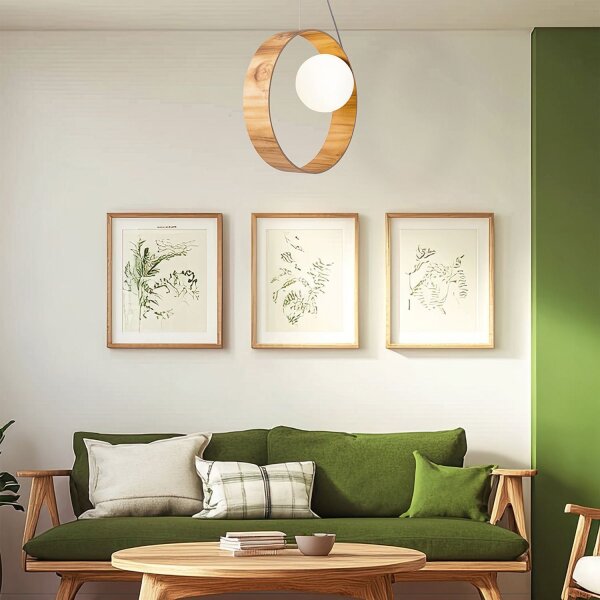 Suspension teck bois plaqué verre Ø 35 cm anneau E27