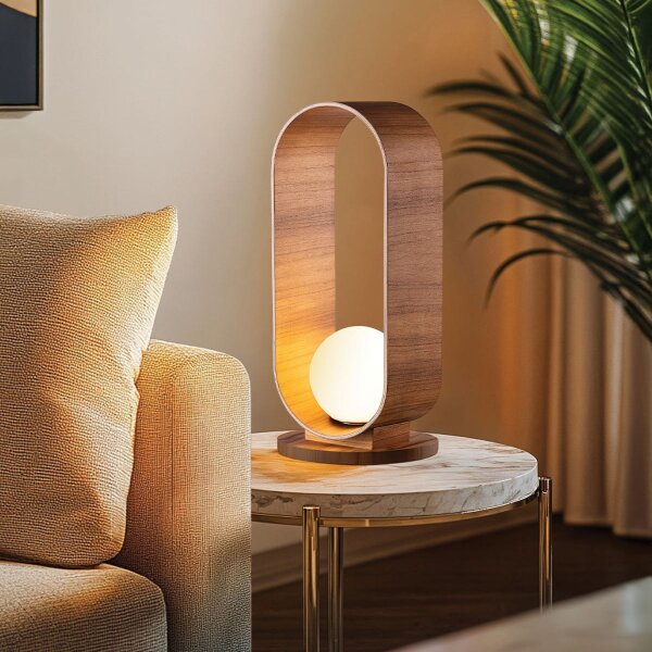 Lampe de table en bois plaqué teck verre 54 cm de haut E27 Moderne