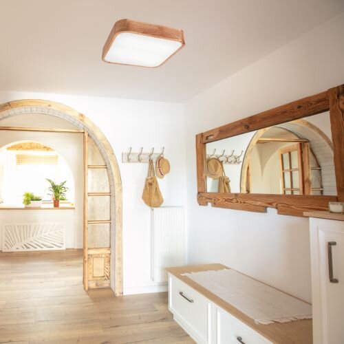 Lampe de plafonnier petit carré L : 45 cm bois métal pour 4x E27