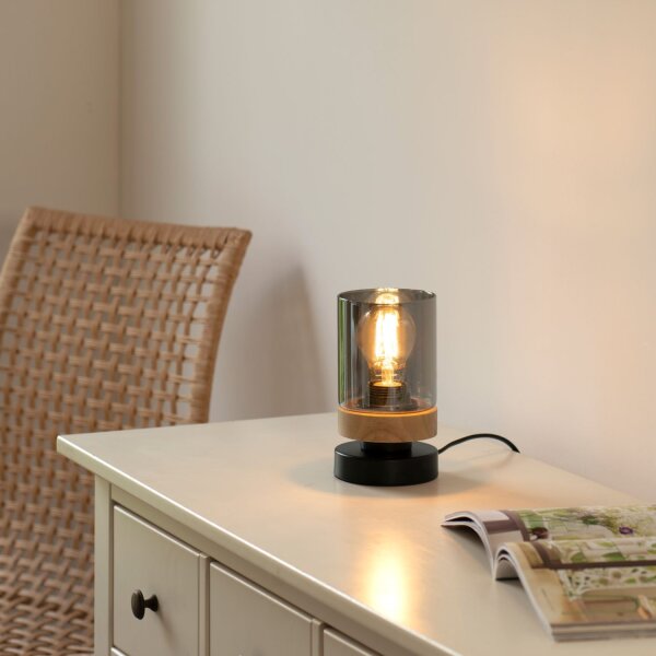 Blendarme Lampe de table verre fumé bois E27 H:18 cm petite