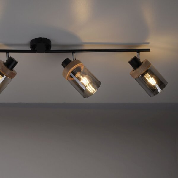 Projecteur mobile de plafond verre fumé bois E27 4-flamme