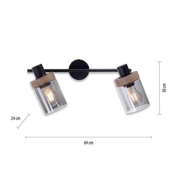 Spot mobile de plafond verre fumé bois E27 L:64 cm