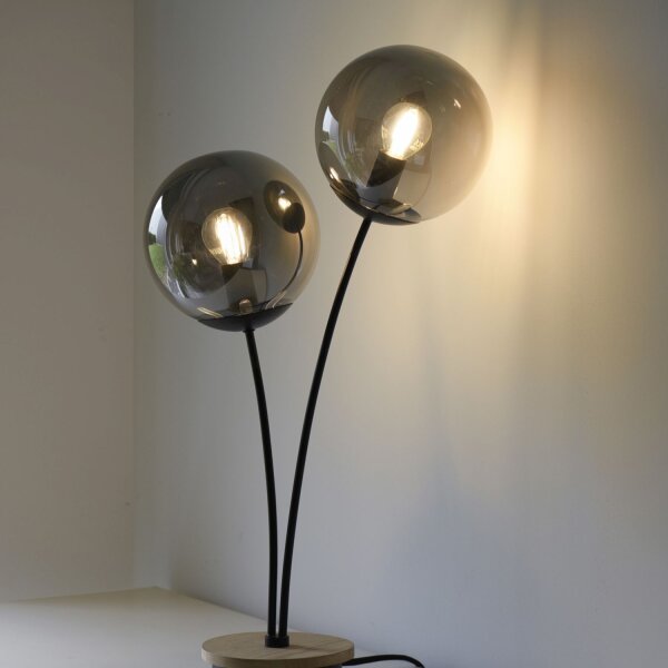 Lampe de table stylée verre fumé bois E14 60 cm 2 flammes