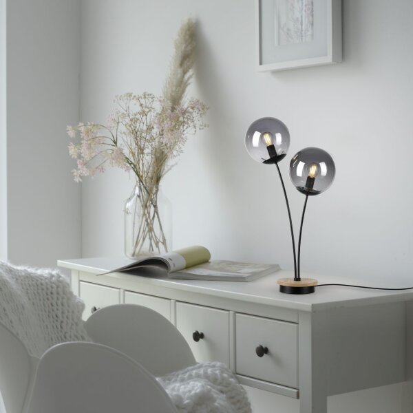 Lampe de table stylée verre fumé bois E14 60 cm 2 flammes