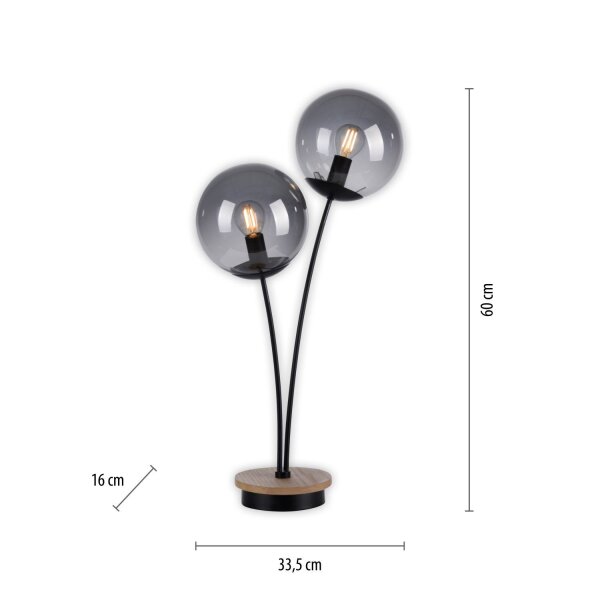 Lampe de table stylée verre fumé bois E14 60 cm 2 flammes