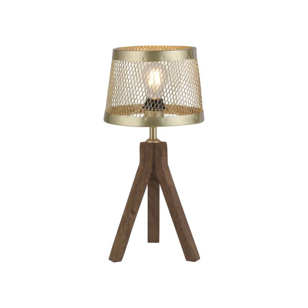 Tripode lampe de table bois métal en laiton mat E27 44 cm