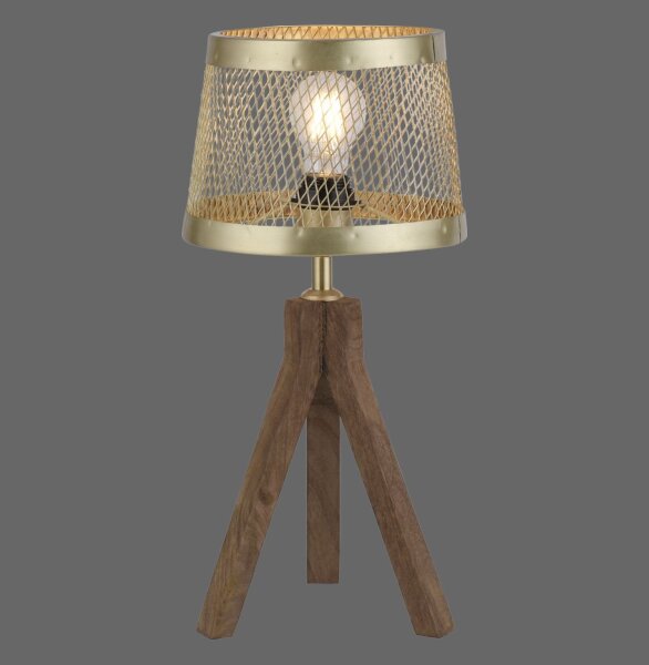 Tripode lampe de table bois métal en laiton mat E27 44 cm