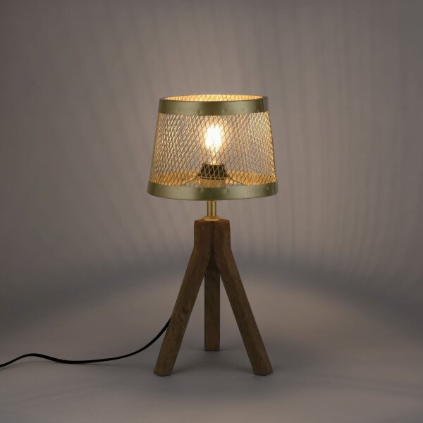 Tripode lampe de table bois métal en laiton mat E27 44 cm