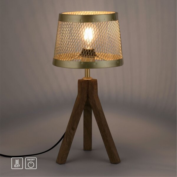 Tripode lampe de table bois métal en laiton mat E27 44 cm
