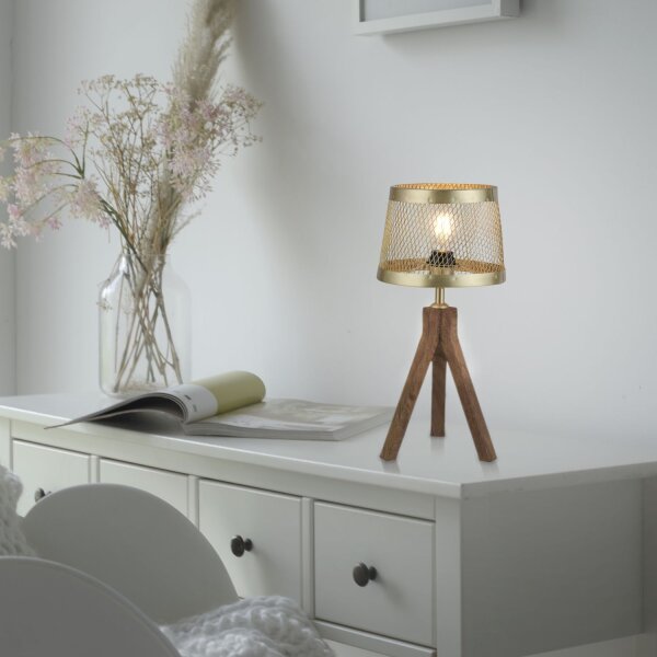 Tripode lampe de table bois métal en laiton mat E27 44 cm