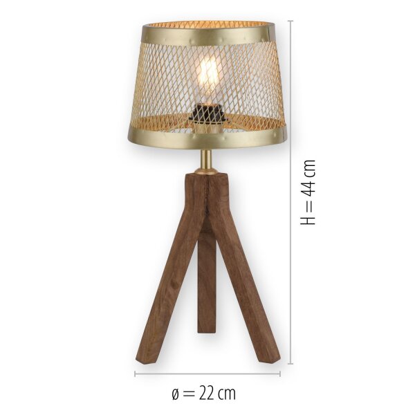 Tripode lampe de table bois métal en laiton mat E27 44 cm