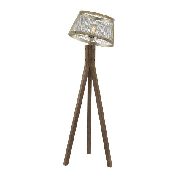 Tripod Lampadaire bois métal en laiton mat E27 145 cm
