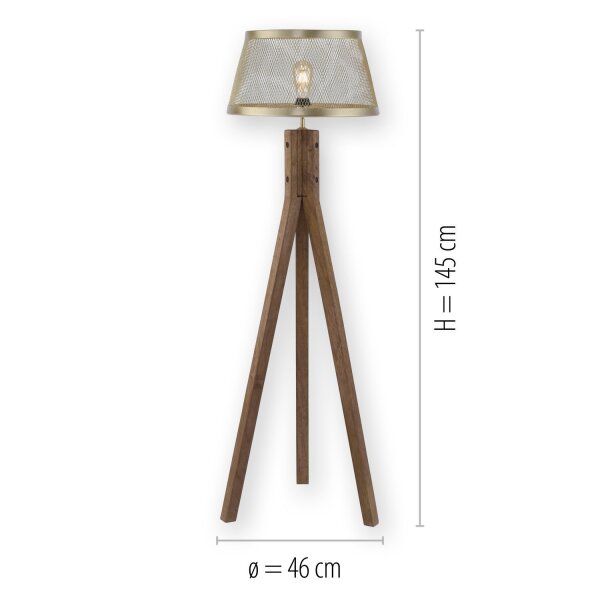 Tripod Lampadaire bois métal en laiton mat E27 145 cm