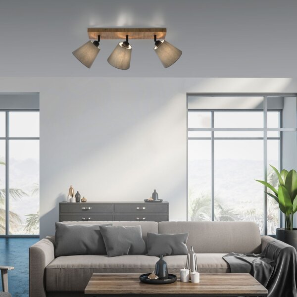 Spot de plafond tissu bois E27 3-flmg mobile taupe naturel