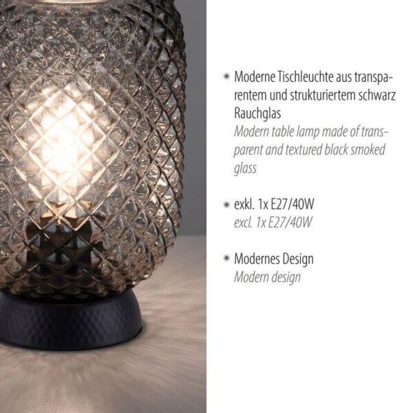 Lampe de table gris fumé noir verre métal 22,5 cm E27