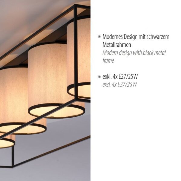 Lampe de plafonnier Tissu Métal Beige Noir E27 4 flammes
