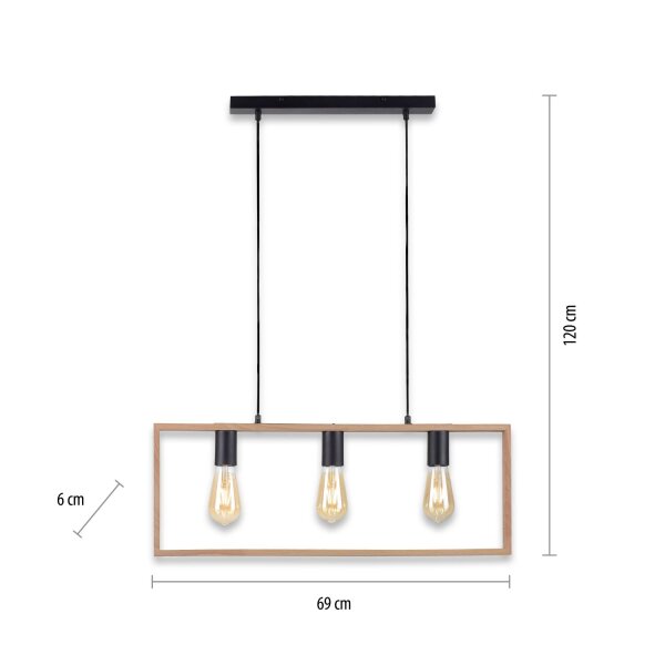 Lampe à suspendre naturelle Rétro Bois Métal L:69 cm 3-flmg