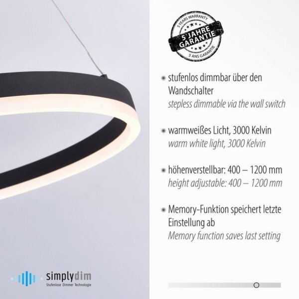 Suspension LED Anthracite dimmable 3000 K Ø80 cm Anneau