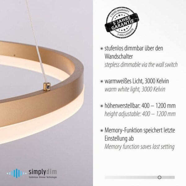 Suspension LED en laiton dimmable 3000 K Ø60 cm Anneau