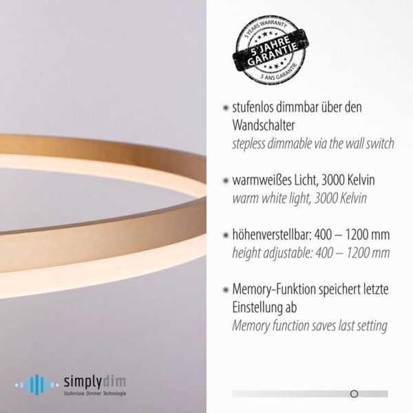Suspension LED en laiton dimmable 3000 K Ø80 cm Anneau