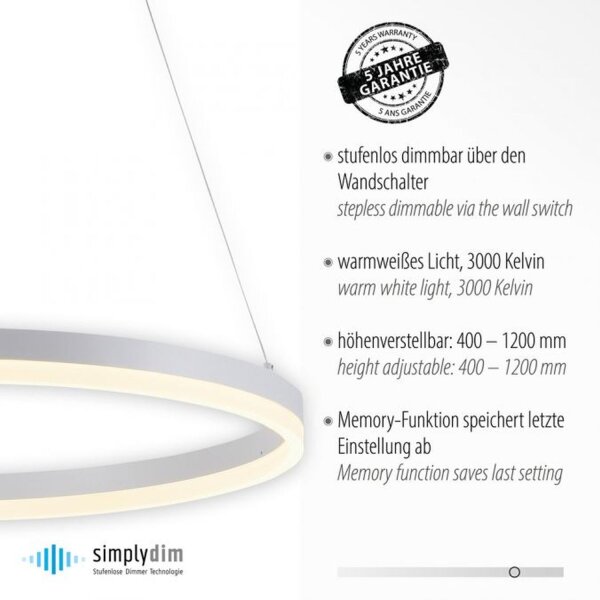 Suspension LED Blanc dimmable 38 W 3000 K Ø60 cm Anneau