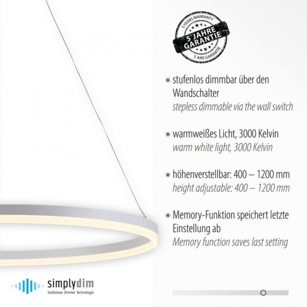 Suspension LED Blanc gradable 52 W 3000 K Ø80 cm Anneau