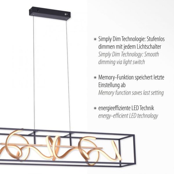 Lampe LED à suspendre Noir Or Métal L:110 cm intensité lumineuse variable