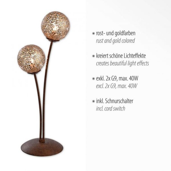 Lampe de table rustique en métal brun rouille or 52 cm 2-flmg