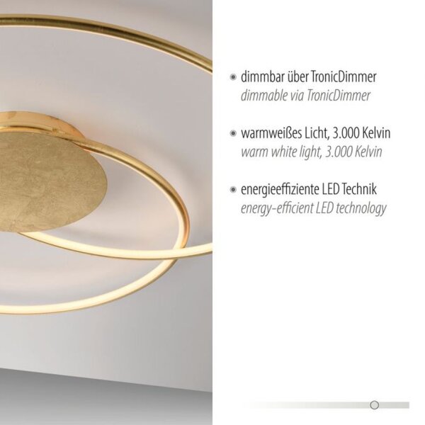 Plafonnier LED Anneaux lumineux en métal doré L:70 cm