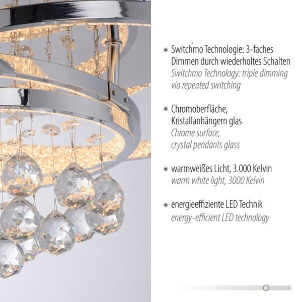 Lampe de plafonnier LED avec pendentif de cristal en chrome blanc chaud