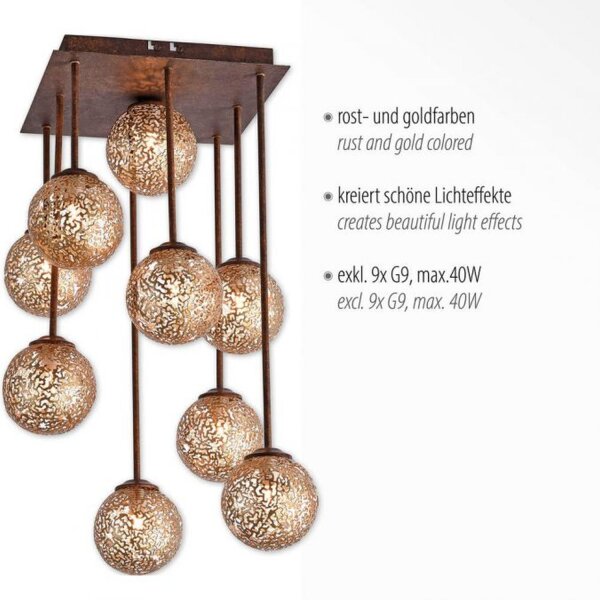 Lampe de plafonnier rustique métal G9 9 flammes boules or