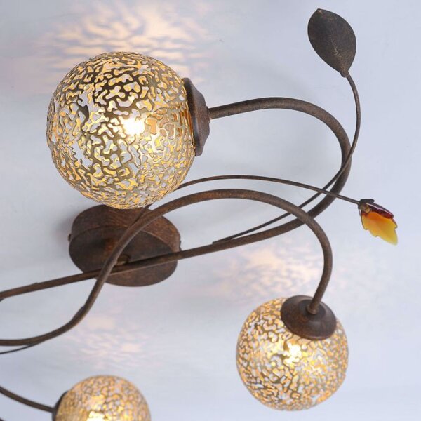 Plafonnier rustique G9 4 flammes boules or floral