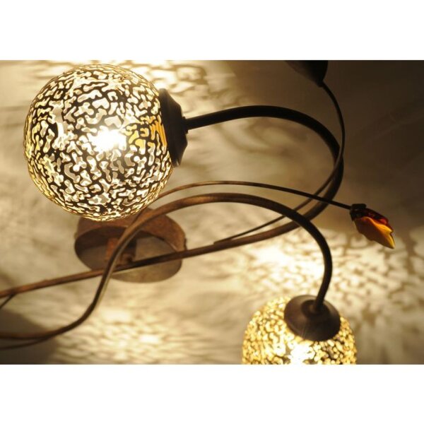 Plafonnier rustique G9 4 flammes boules or floral
