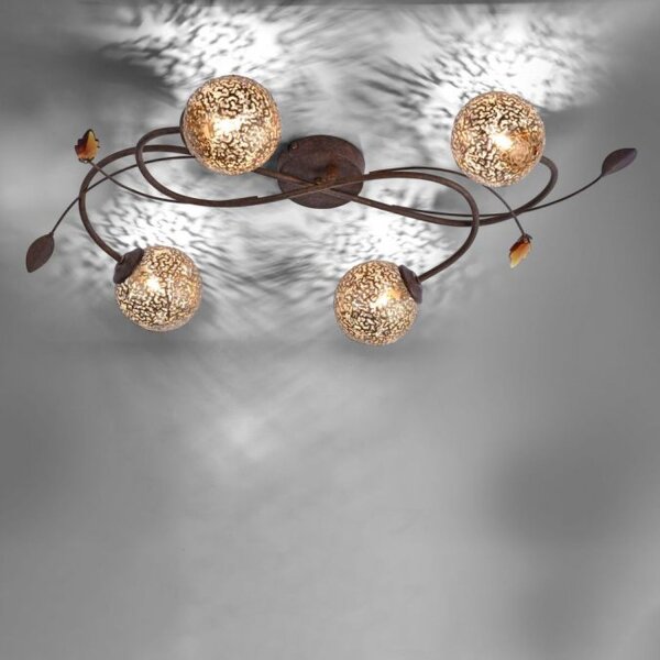 Plafonnier rustique G9 4 flammes boules or floral