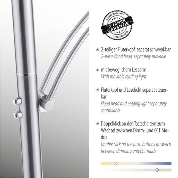 Lampadaire LED avec bras de lecture en acier verre 200 cm 5770 lm