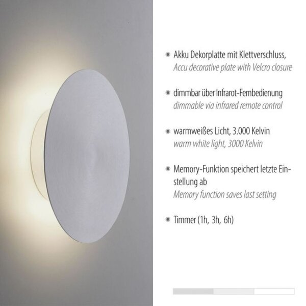 Applique murale LED rechargeable argentée à intensité variable avec télécommande