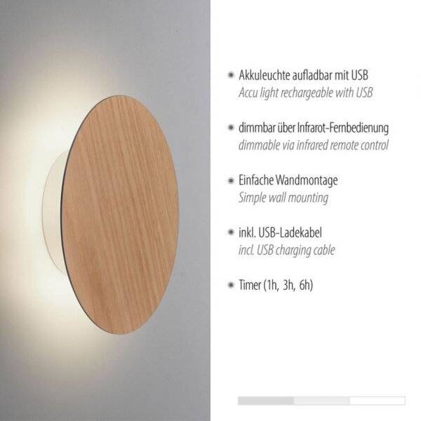 Applique murale LED rechargeable Bois dimmable Télécommande Timer 1 W
