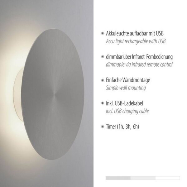 Applique murale LED rechargeable Gris Ø25 cm gradable Télécommande