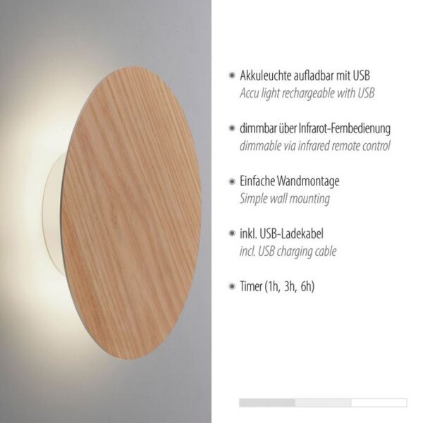 Applique murale LED rechargeable à intensité variable Télécommande en bois de chêne