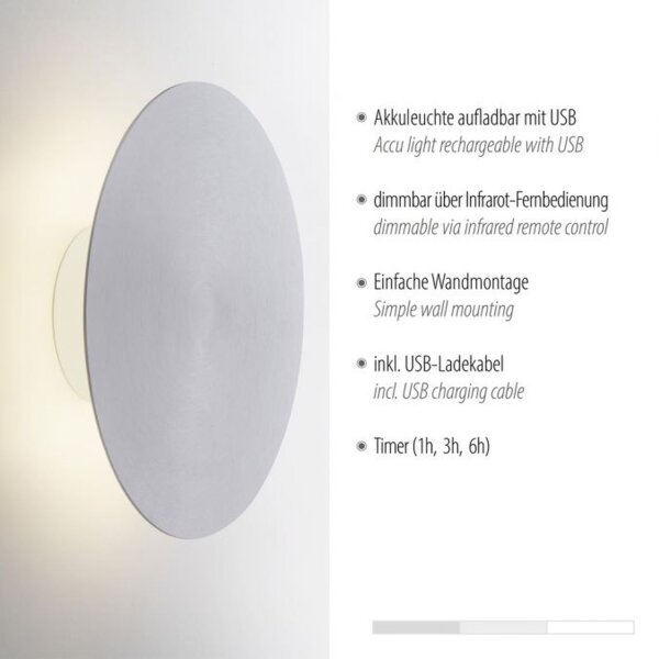 Applique murale LED rechargeable à intensité variable Télécommande 1 W en argent