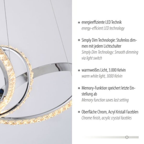 Lampe LED à suspendre en chrome dimmable 39 W L:94 cm élégante