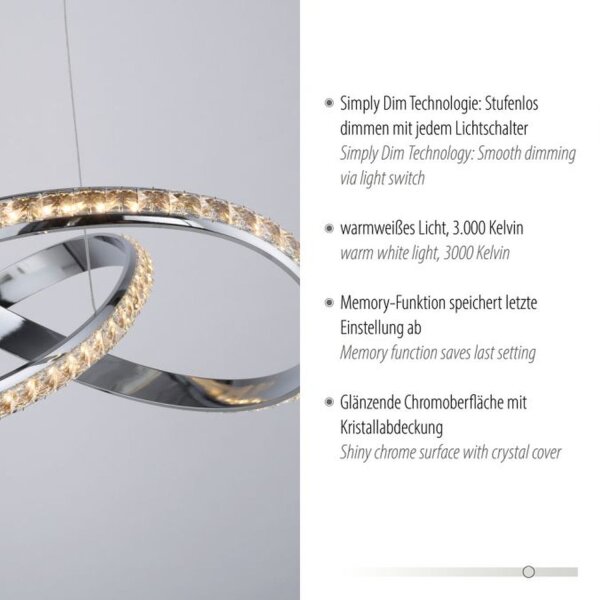 Lampe LED à suspendre en chrome dimmable 30 W L:57 cm élégante